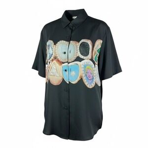 BLDG4 black silk button up‎ shirt with graphic print